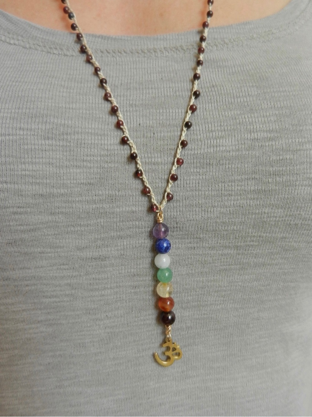 Seven Chakra Pendant and Hand Braided Silk Necklace, Genuine Gemstones, Om Charm